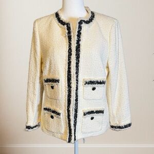 ANNE KLEIN Cream Tweed Jacket with Black Trim – Size 12